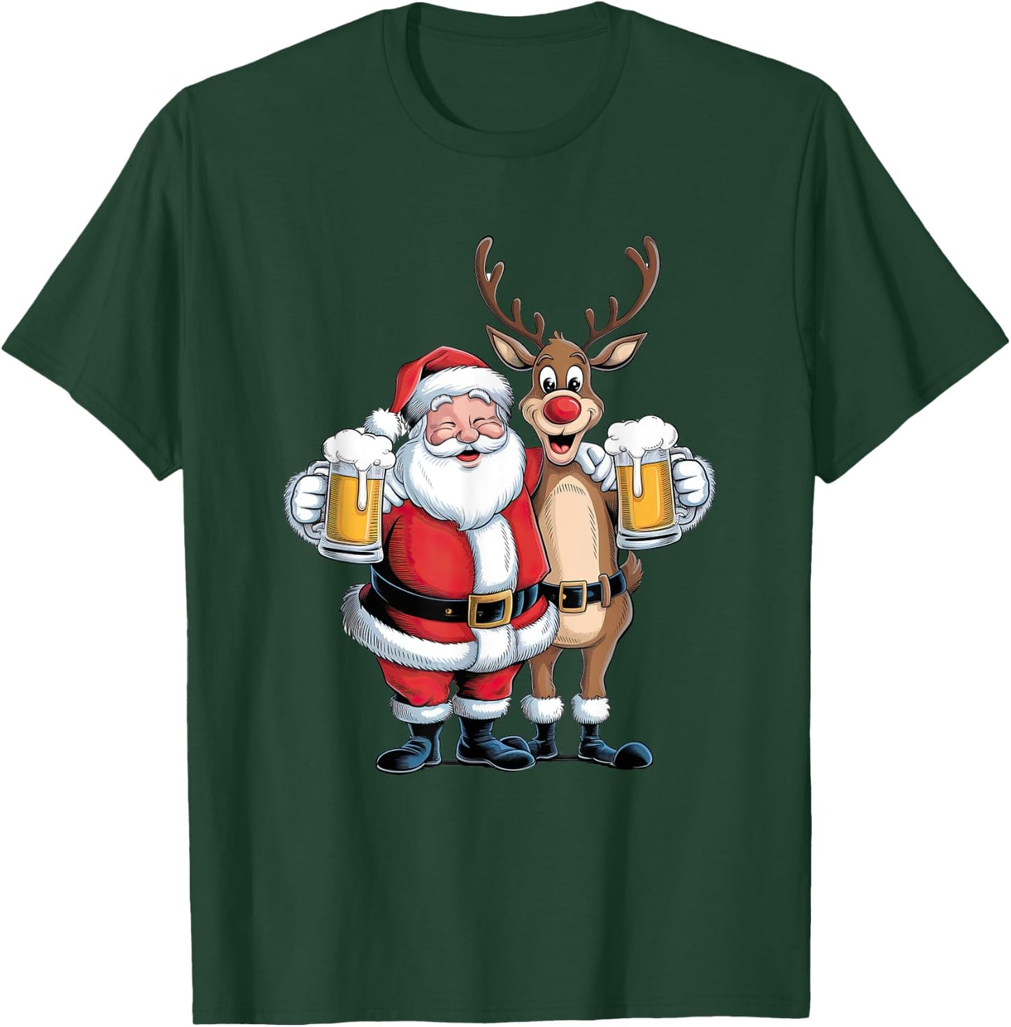 Santa Having a Beer with Reindeer. Funny Xmas Holidays T-Shirt - T-Shirt | Forest