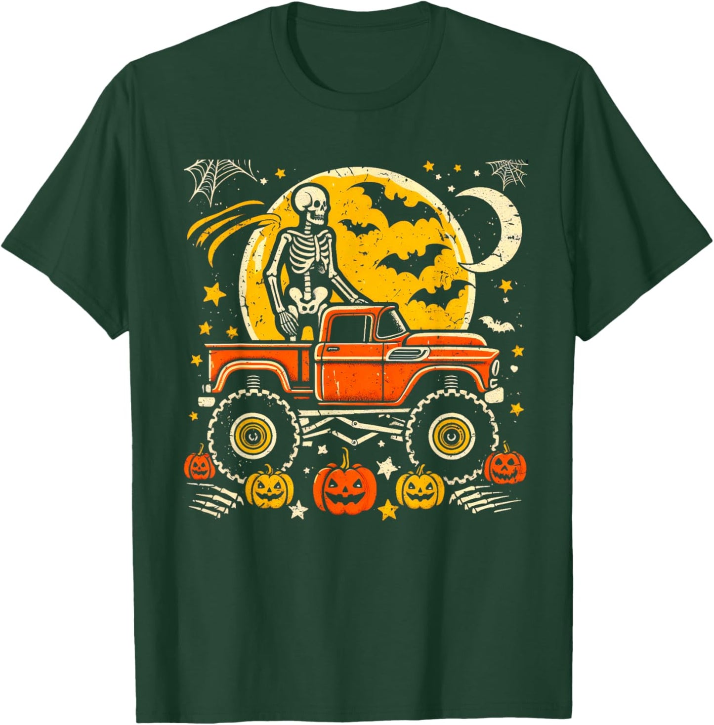 Monster Truck Halloween Jack O Lantern Moon Pumpkin Skeleton T-Shirt - T-Shirt | Forest