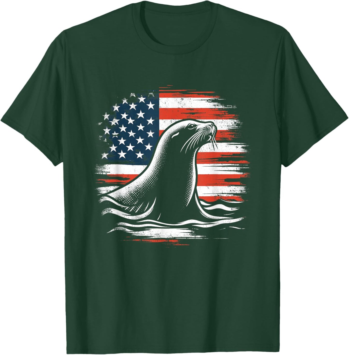 Sea Lion American Flag - Patriotic USA Seal Sealion Lover T-Shirt - T-Shirt | Forest