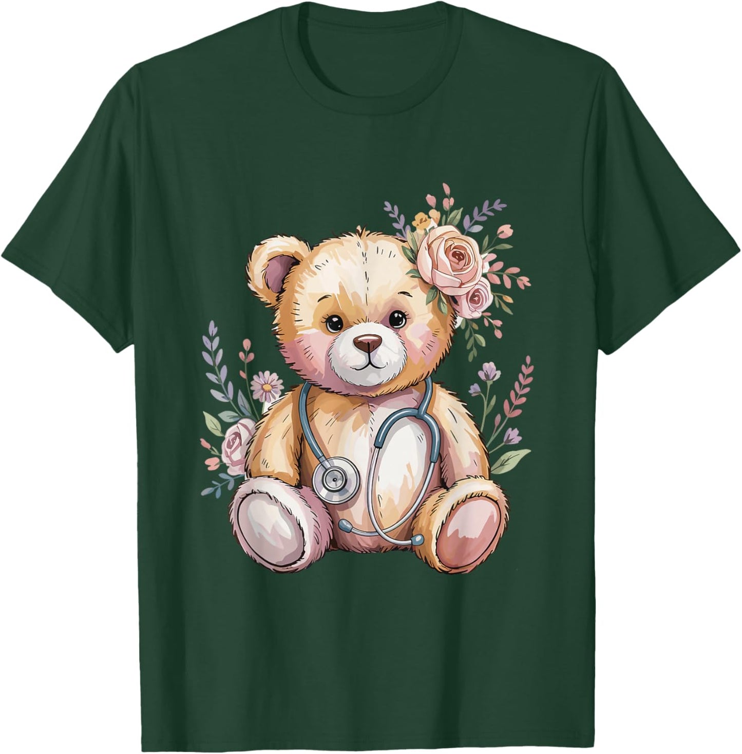 Floral Teddy Bear Flower Kids Doctor Pediatric Nurse T-Shirt - T-Shirt | Forest