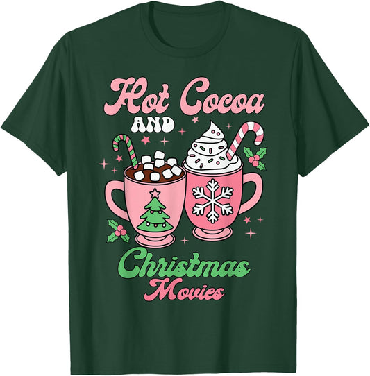 Hot Cocoa and Christmas Movies Groovy and Festive Holiday T-Shirt - T-Shirt | Forest