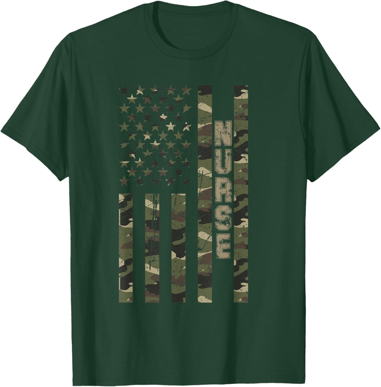 Nurse United States Distressed Camo w US Flag T-Shirt - T-Shirt | Forest