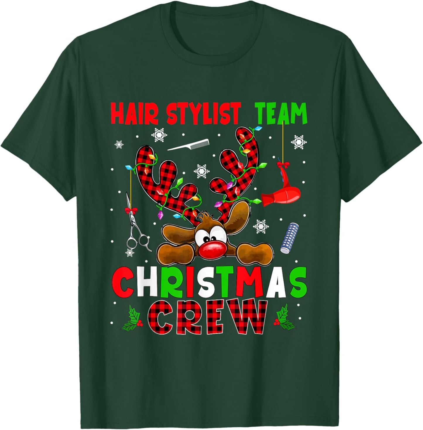 Hair Stylist Team Christmas Crew Proud Job Colorful Reindeer T-Shirt - T-Shirt | Forest