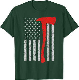 Thin Red Line Design: Firefighter American Flag Axe Design T-Shirt - T-Shirt | Forest