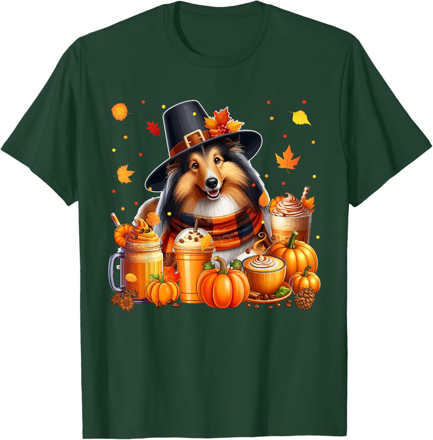 Sheltie Thanksgiving Drinks Coffee Fall Leaves Pumpkins T-Shirt - T-Shirt | Forest