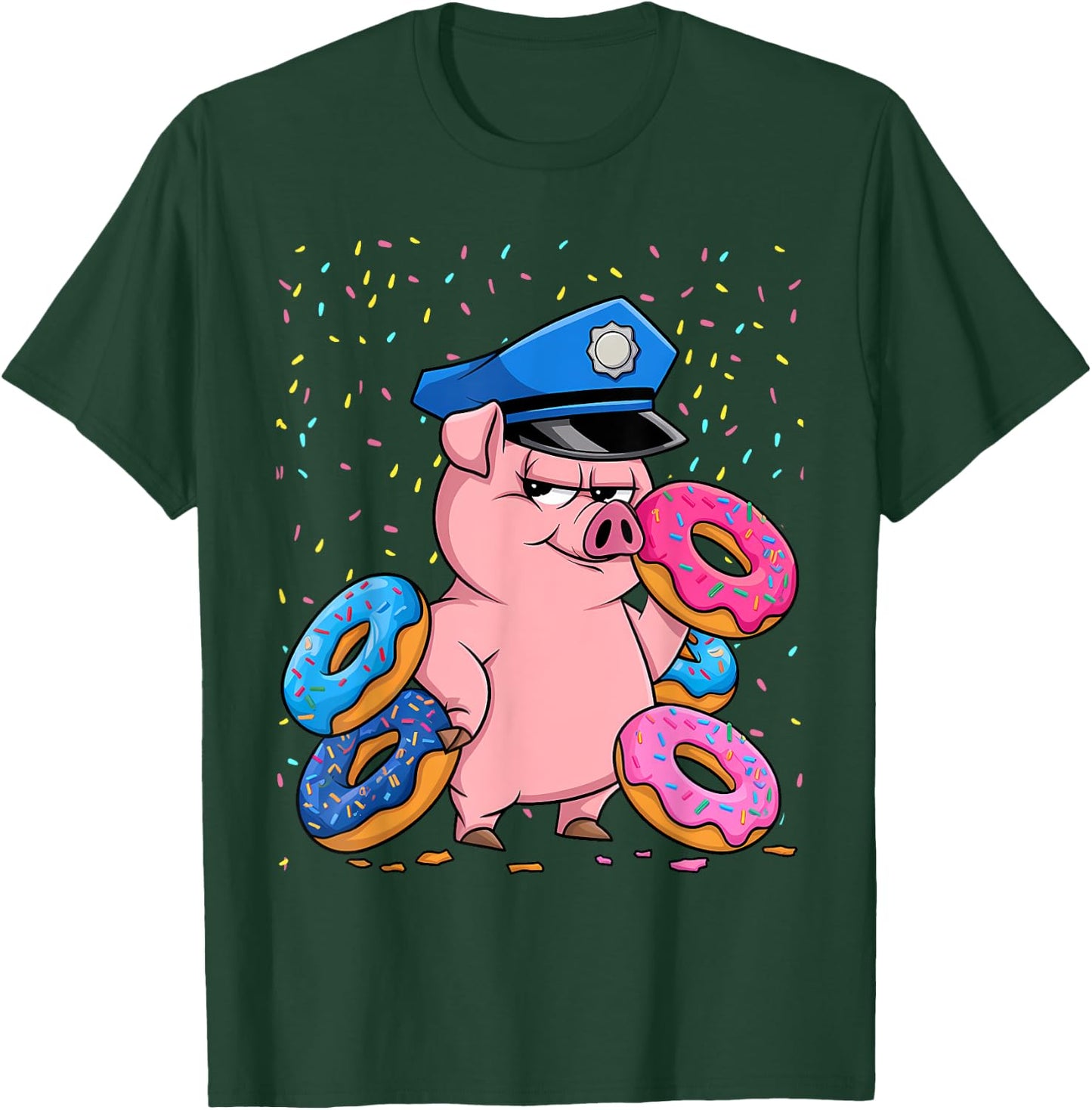 Pig Lover Gift Co. | Pig Cop Police Officer Doughnut - Black, Small, Short Sleeve T-Shirt - T-Shirt | Forest