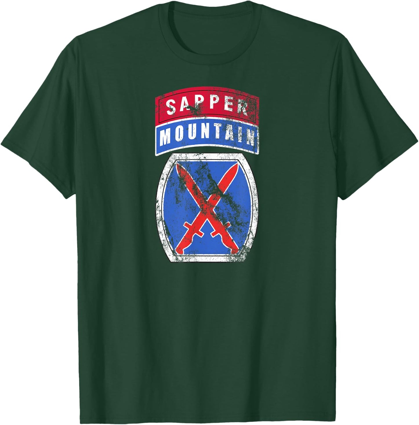 10th Mountain (MTN) Division Patch Sapper Tab Distressed T-Shirt - T-Shirt | Forest