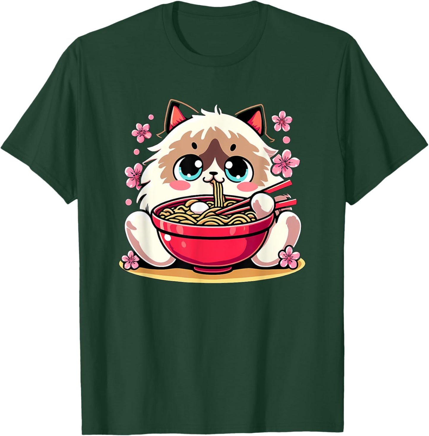 Kawaii Ragdoll Cat Eating Ramen T-Shirt - T-Shirt | Forest