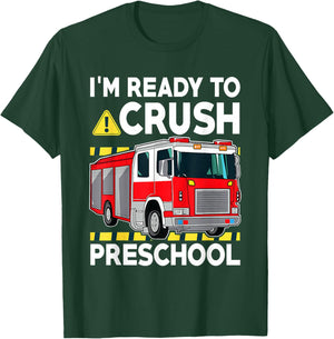Kids Preschool Boy Fire Truck Back to School Firefighter Boy T-Shirt - T-Shirt | Forest