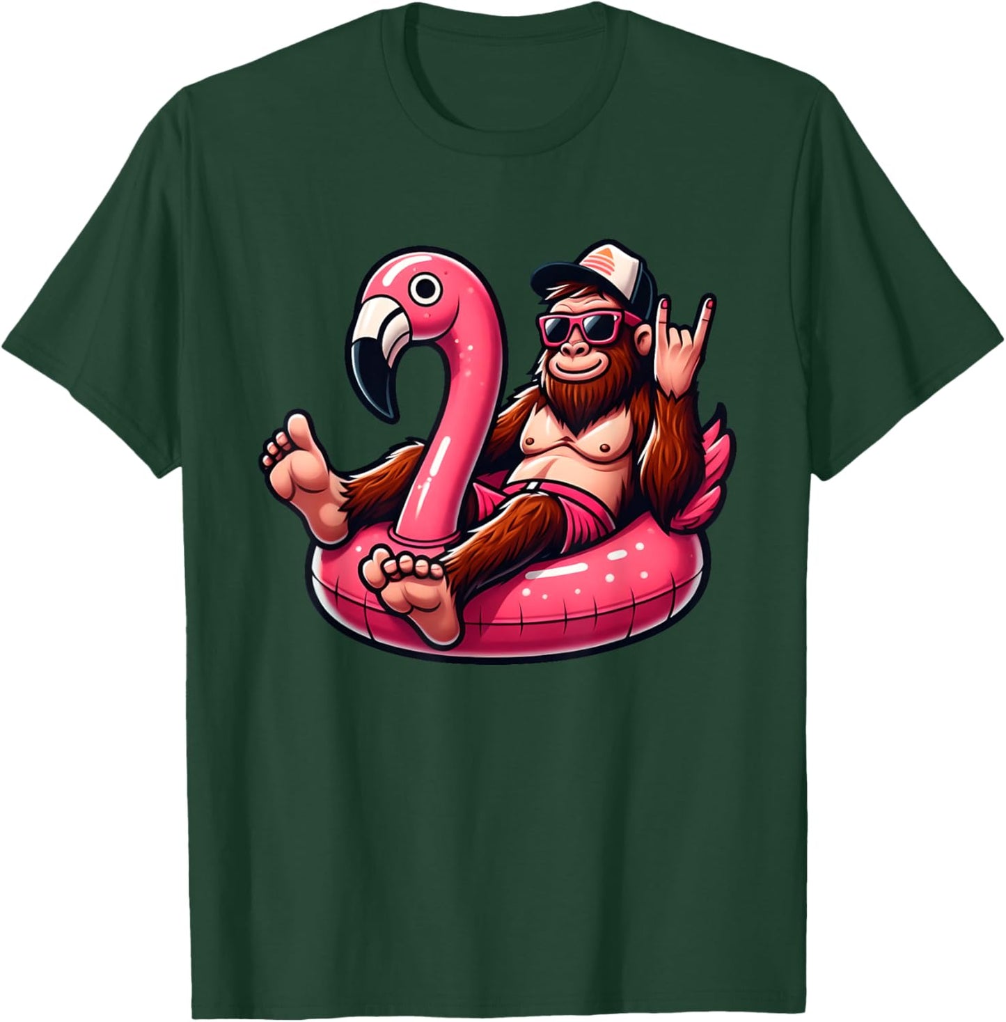 Bigfoot Chilling on Pink Flamingo Pool Float Beach Vacation T-Shirt - T-Shirt | Forest