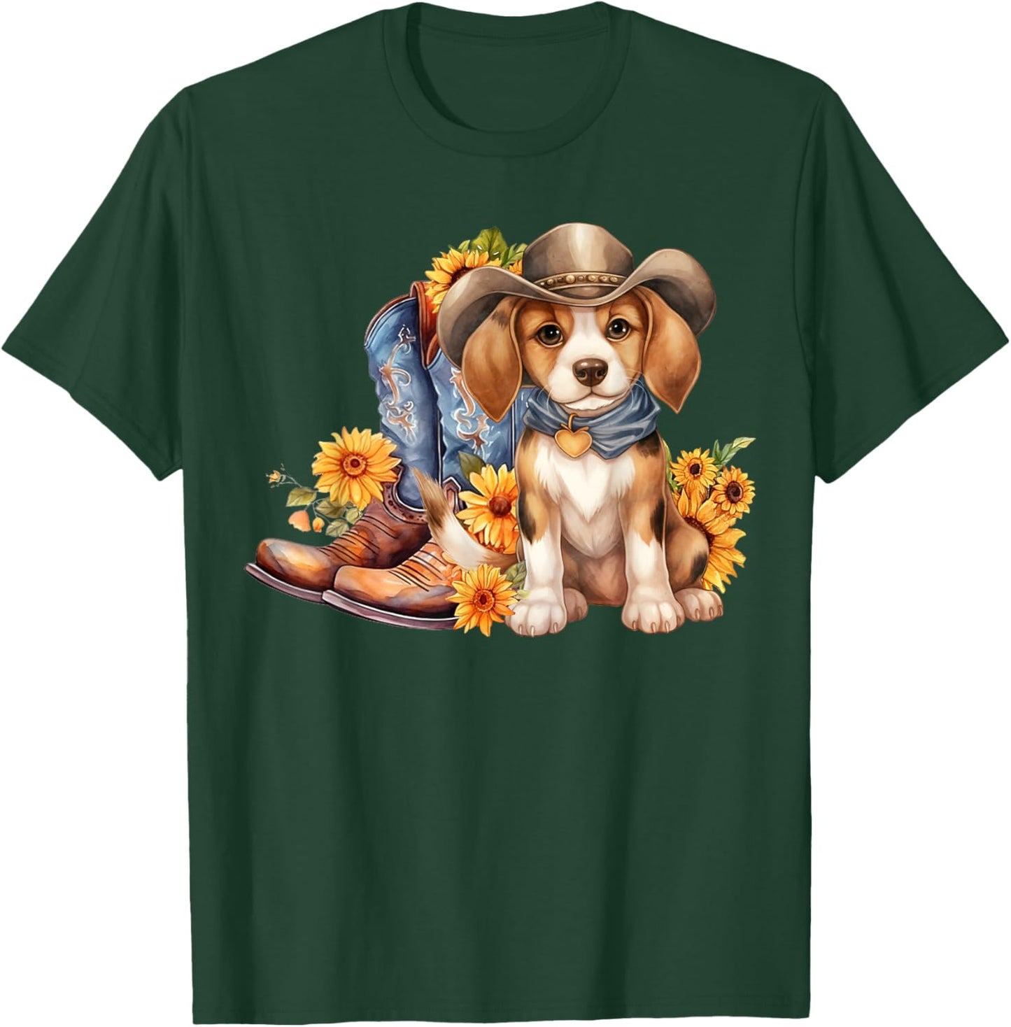 Beagle Dog Cowgirl boots Cowboy hat Sunflower Summer T-Shirt - T-Shirt | Forest