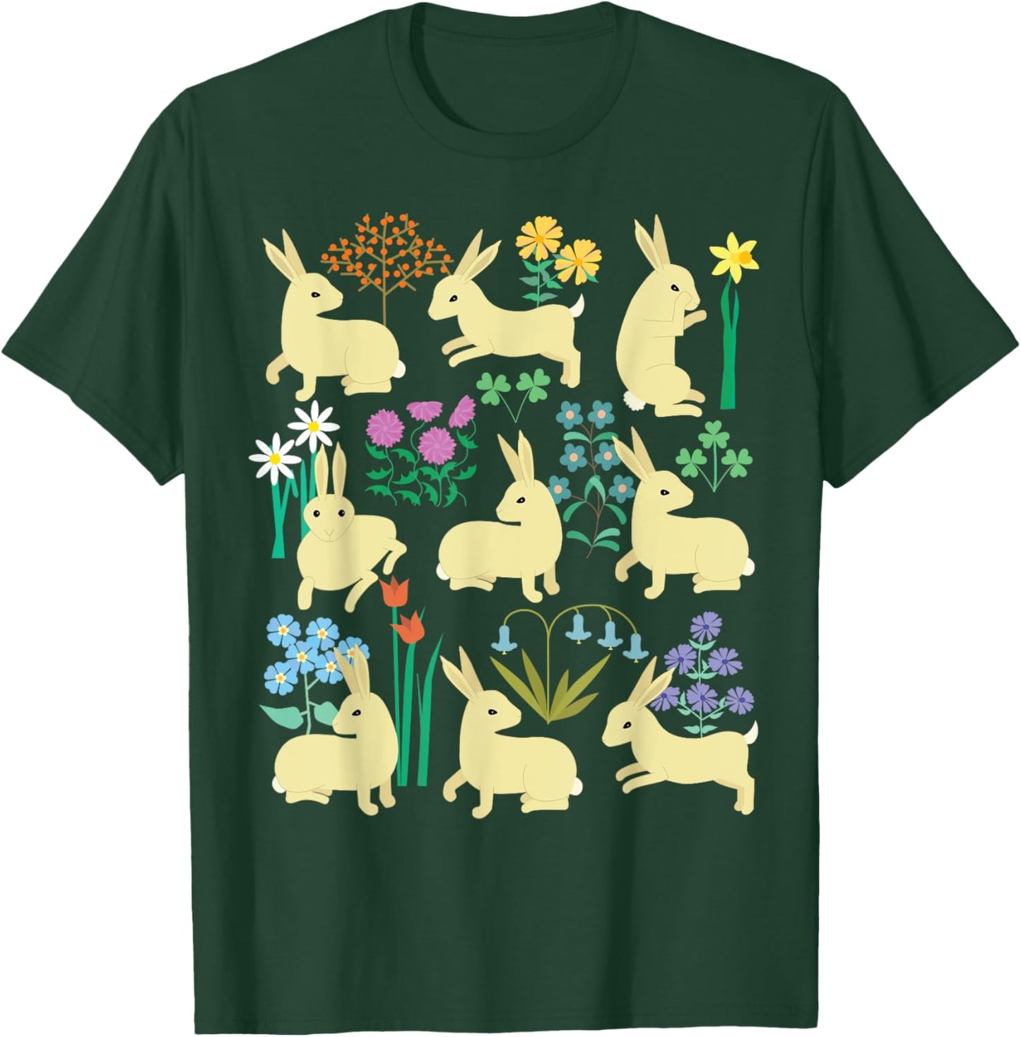 Playful little rabbits (bunnies) among colorful flowers T-Shirt - T-Shirt | Forest