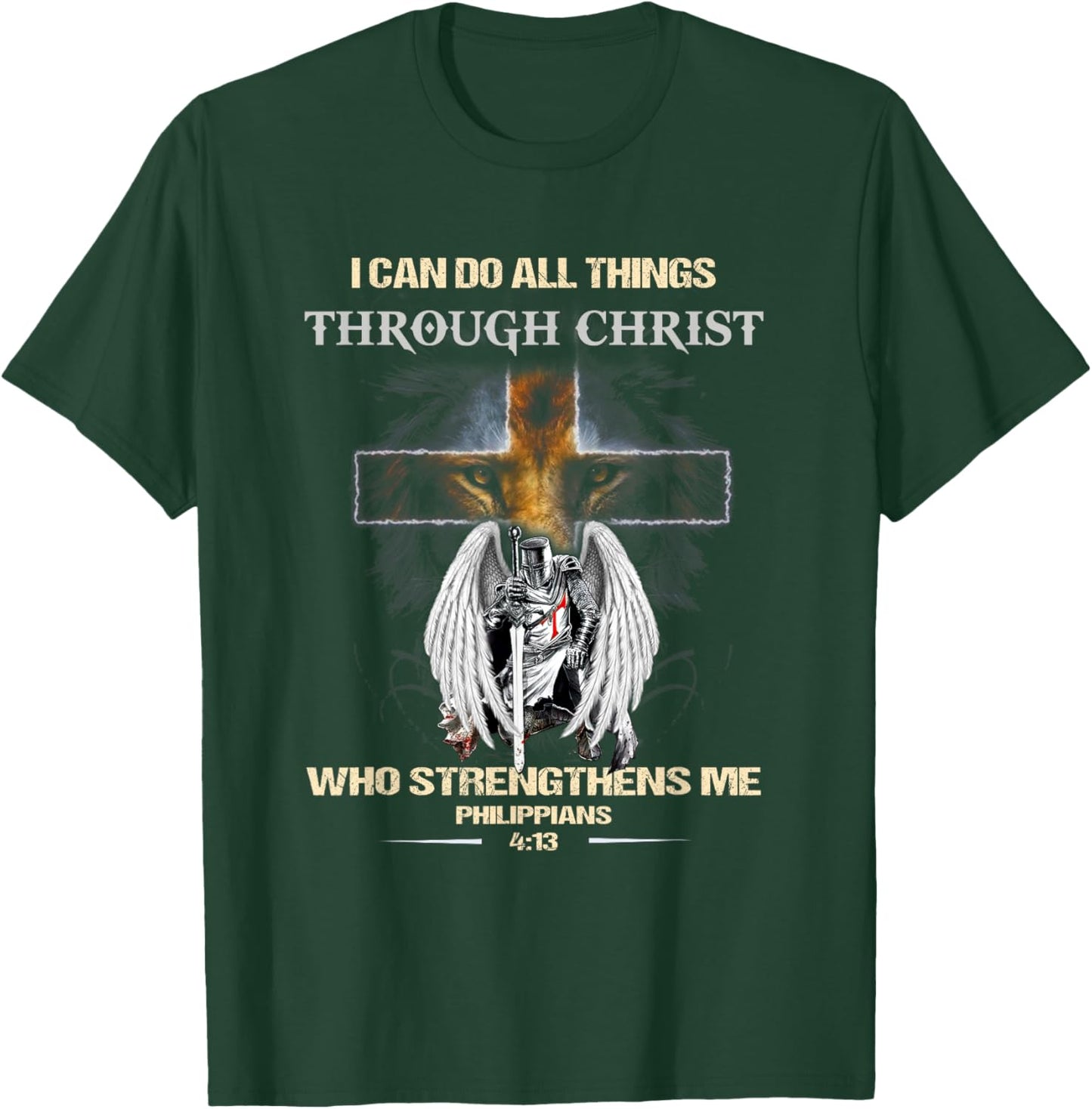 Philippians 4:13 Christian Verse Gift Lion Cross Men Knight T-Shirt - T-Shirt | Forest
