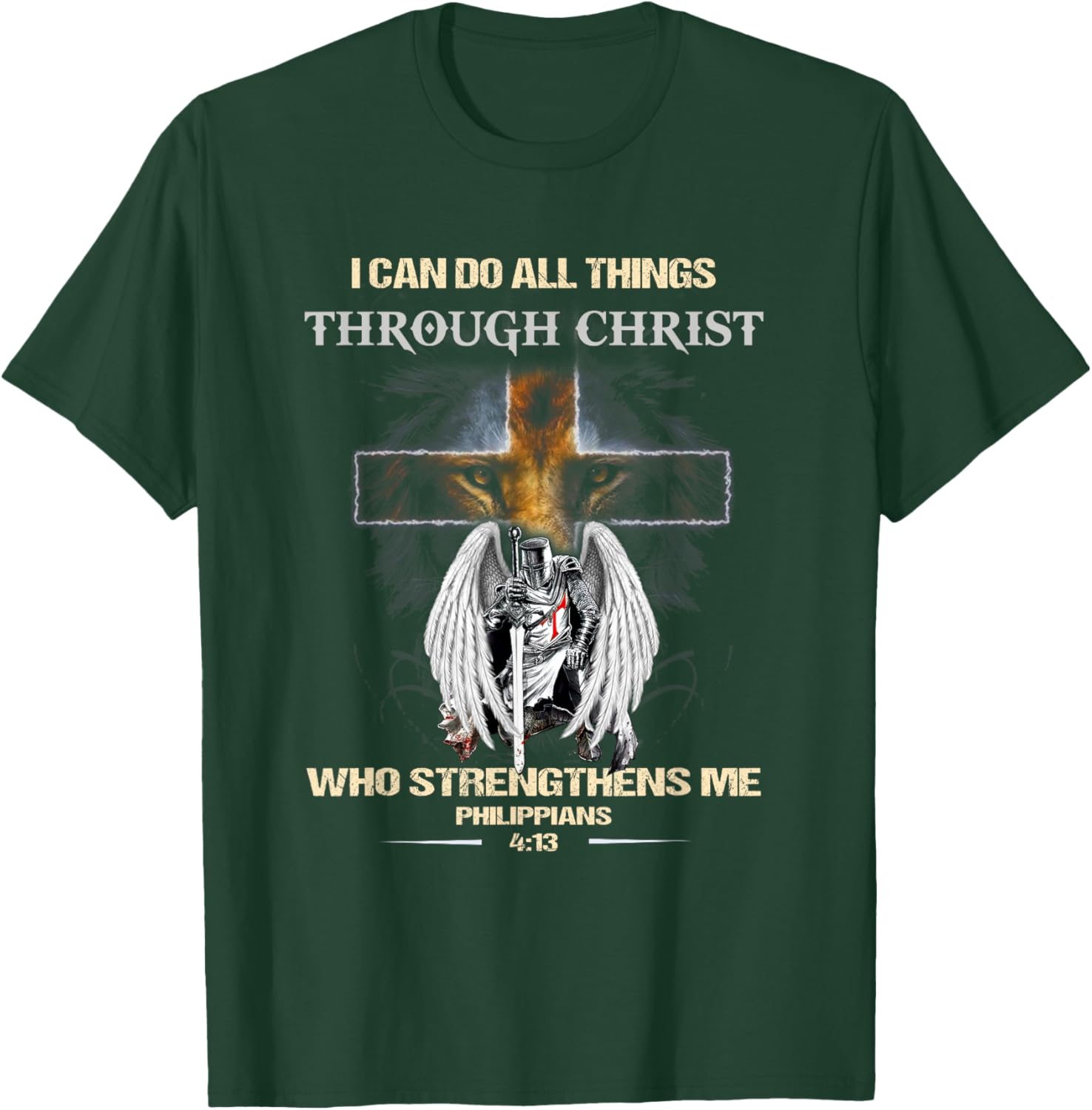 Philippians 4:13 Christian Verse Gift Lion Cross Men Knight T-Shirt - T-Shirt | Forest