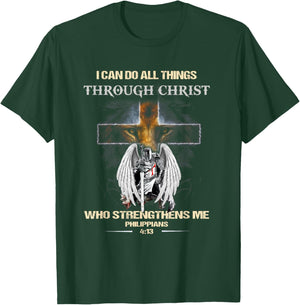 Philippians 4:13 Christian Verse Gift Lion Cross Men Knight T-Shirt - T-Shirt | Forest