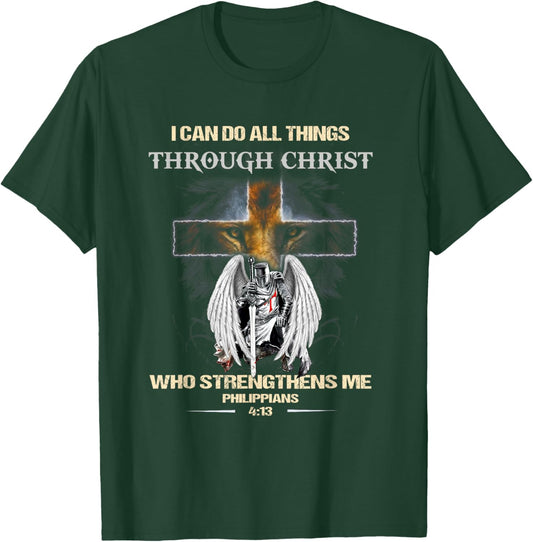 Philippians 4:13 Christian Verse Gift Lion Cross Men Knight T-Shirt - T-Shirt | Forest