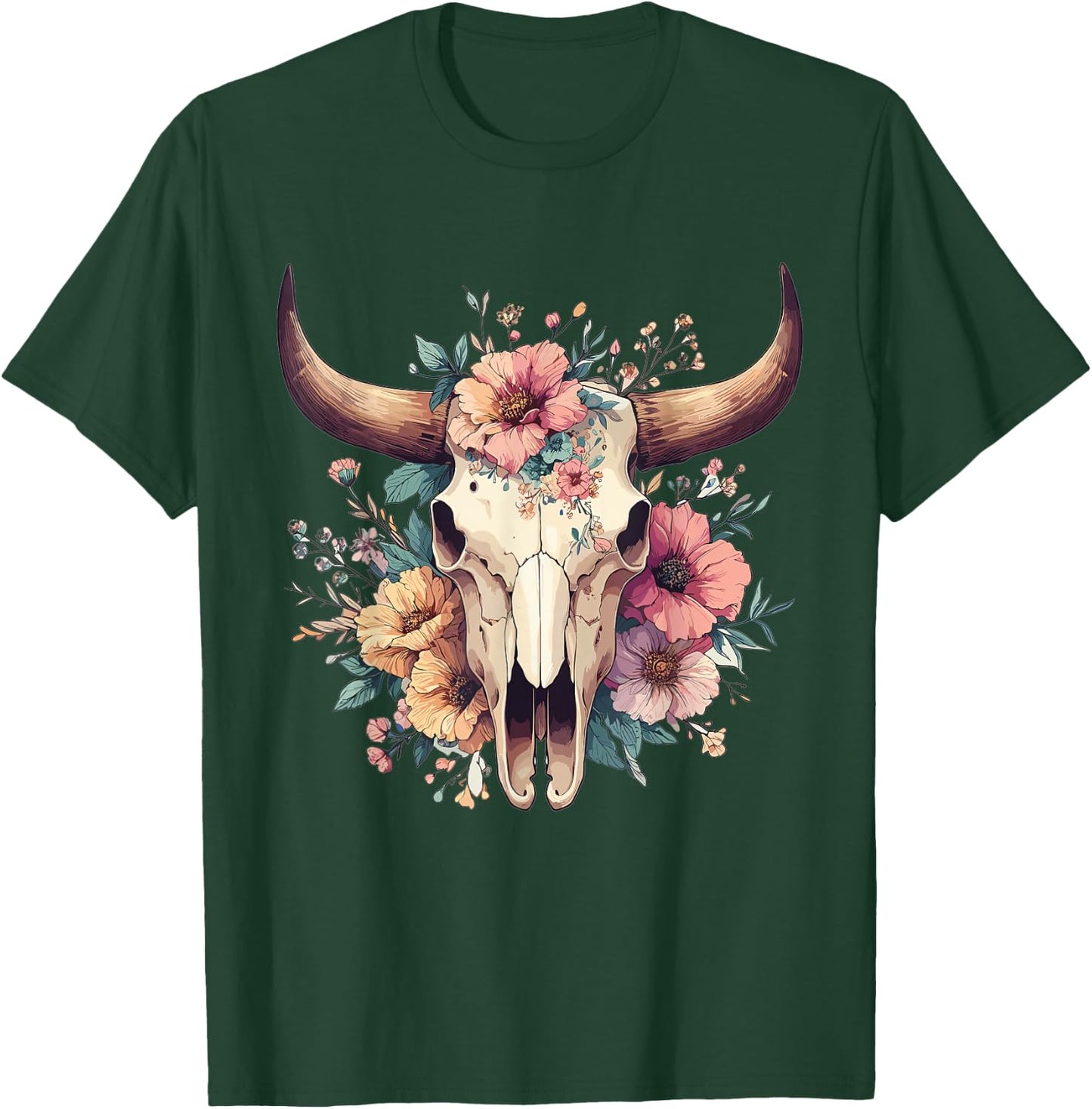Boho Cow Bull Skull Flowers Wild west Western Cowgirl Texans T-Shirt - T-Shirt | Forest