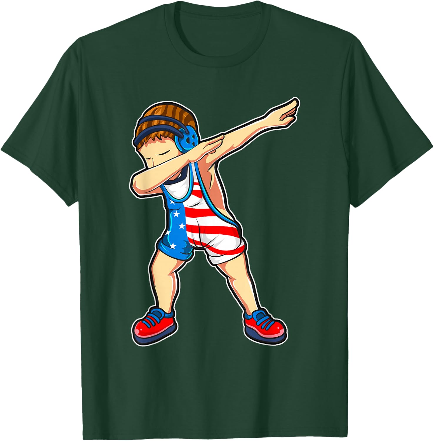 Dabbing Wrestling Boy Wrestler US Flag T-Shirt - T-Shirt | Forest