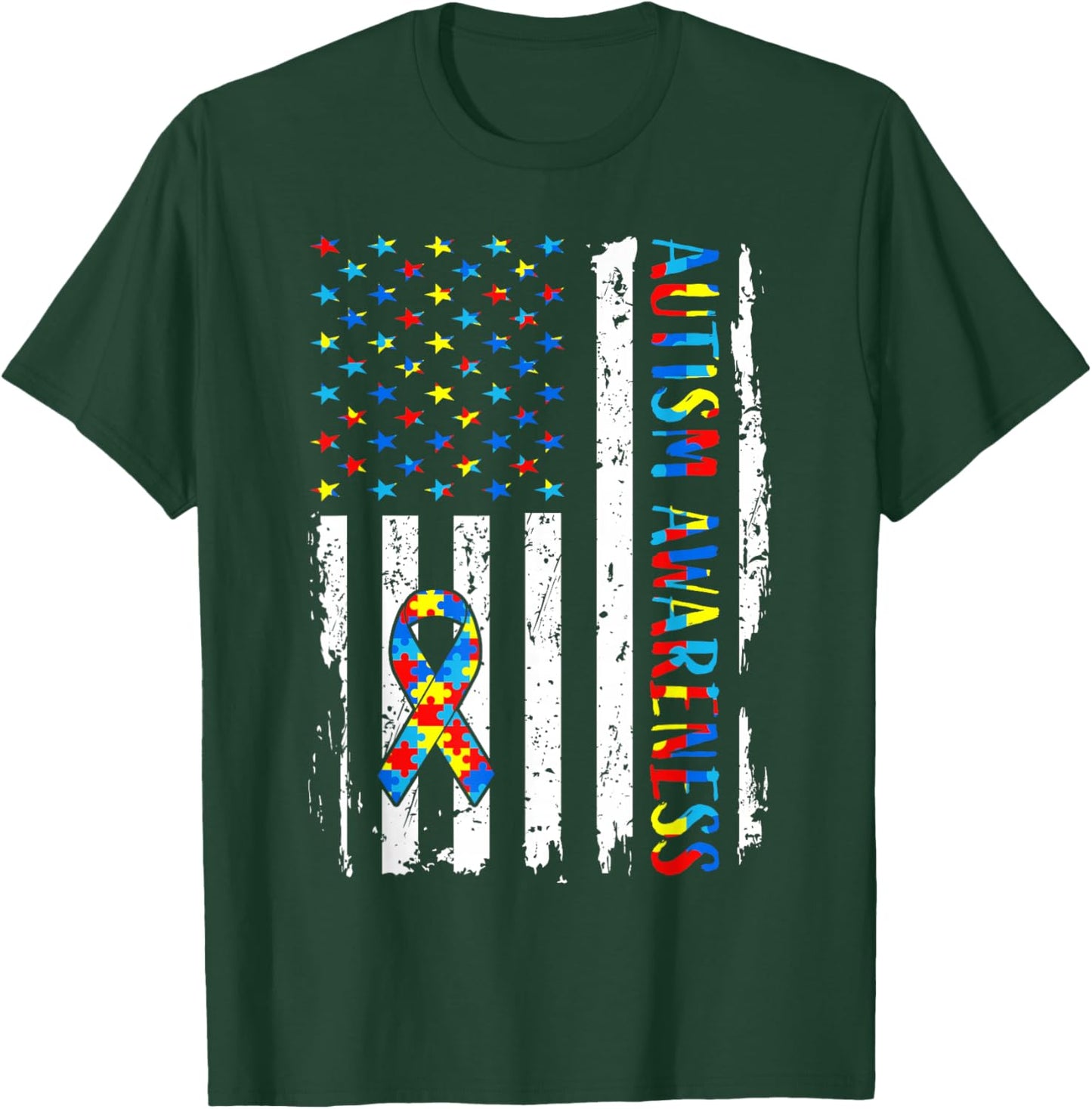 Autism Awareness Mom Dad USA Flag Autistic Awareness Autism T-Shirt - T-Shirt | Forest