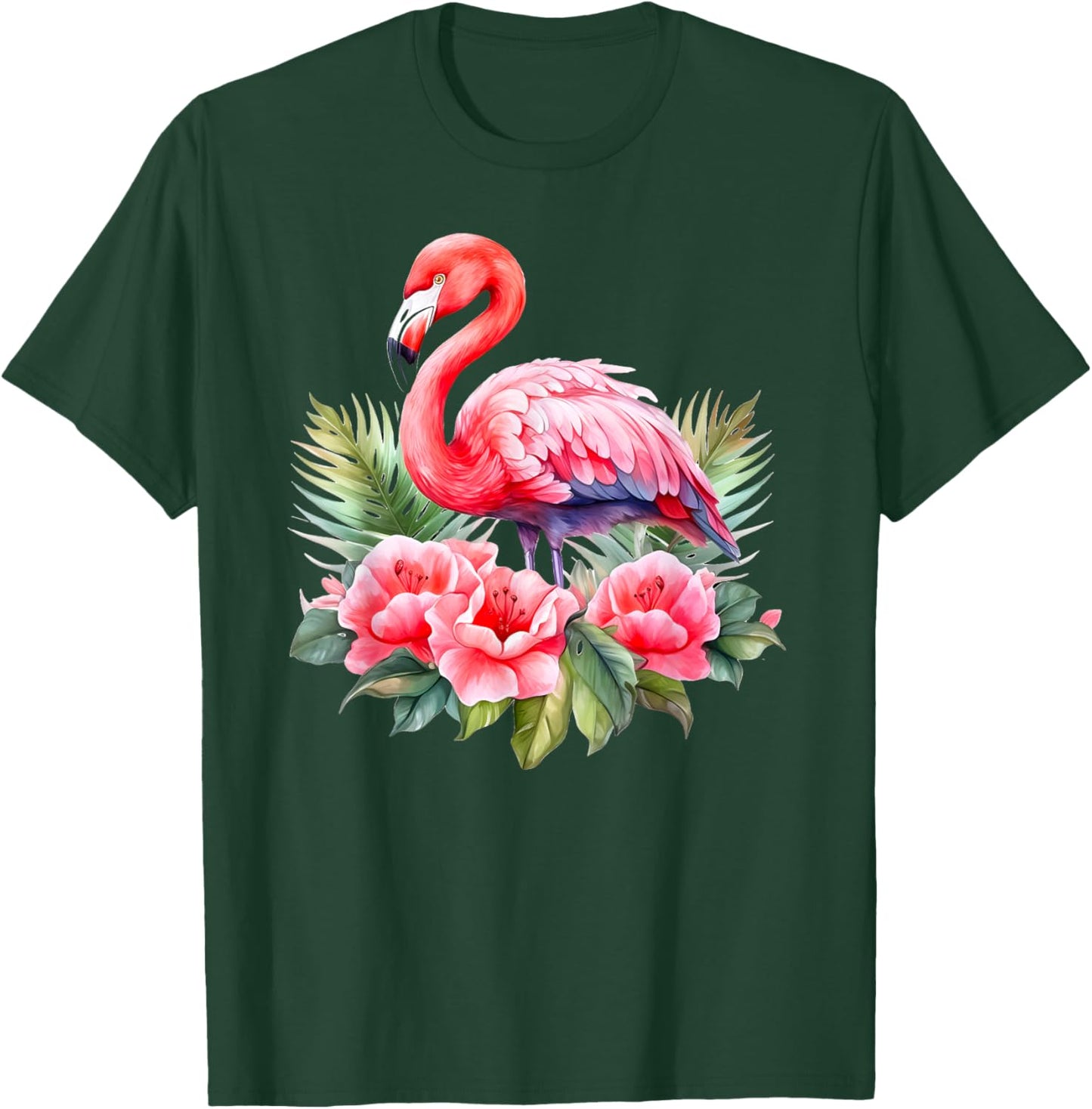 Flamingo Flowers Tropical Watercolor Bird Top T-Shirt - T-Shirt | Forest