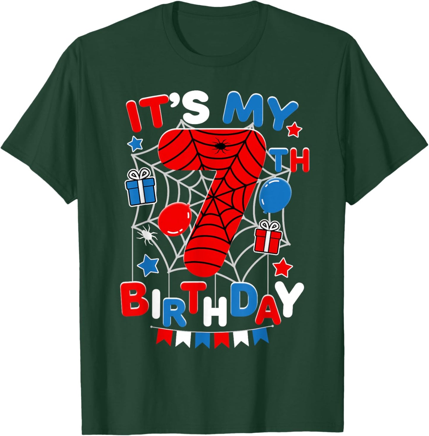 It's My 7th Birthday Spider Theme Party 7 Year Old Boys Kids T-Shirt - T-Shirt | Forest