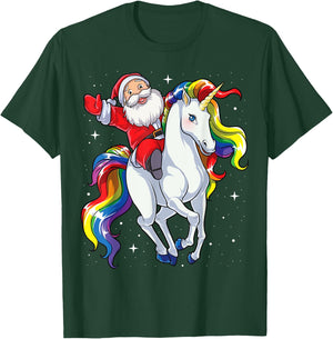 Christmas Santa Riding Unicorn Xmas Girls Women Rainbow T-Shirt - T-Shirt | Forest