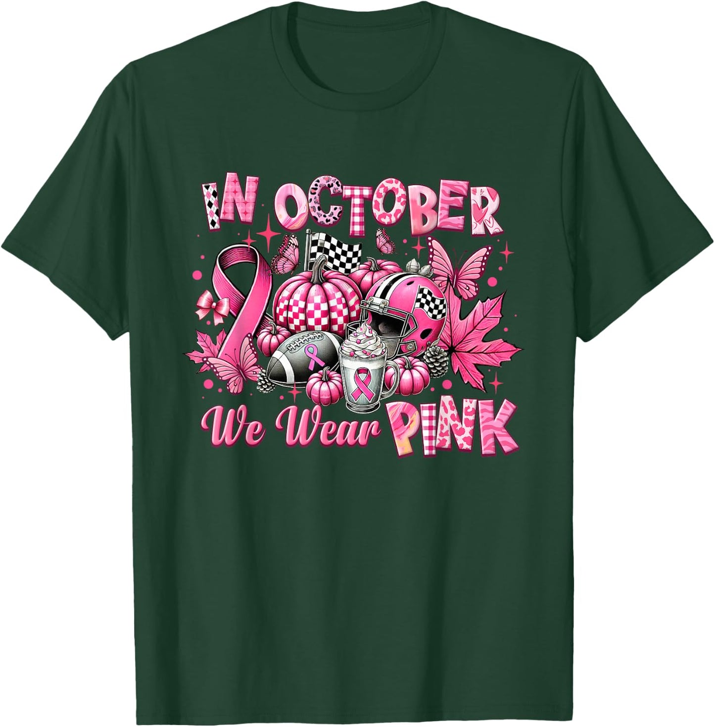 In October We Wear Pink Breast Cancer Pumpkin Football T-Shirt - T-Shirt | Forest