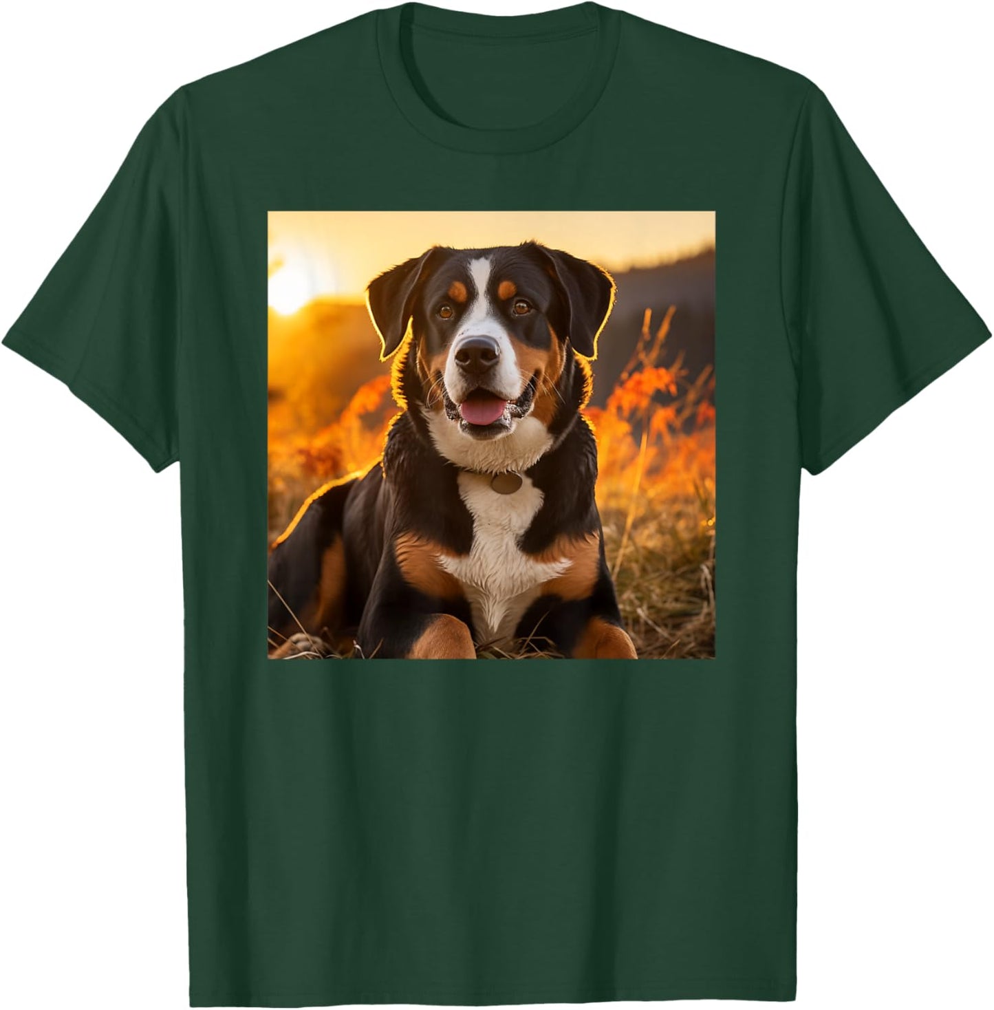 Greater Swiss Mountain Dog Sitting In The Sunset Photography T-Shirt - T-Shirt | Forest