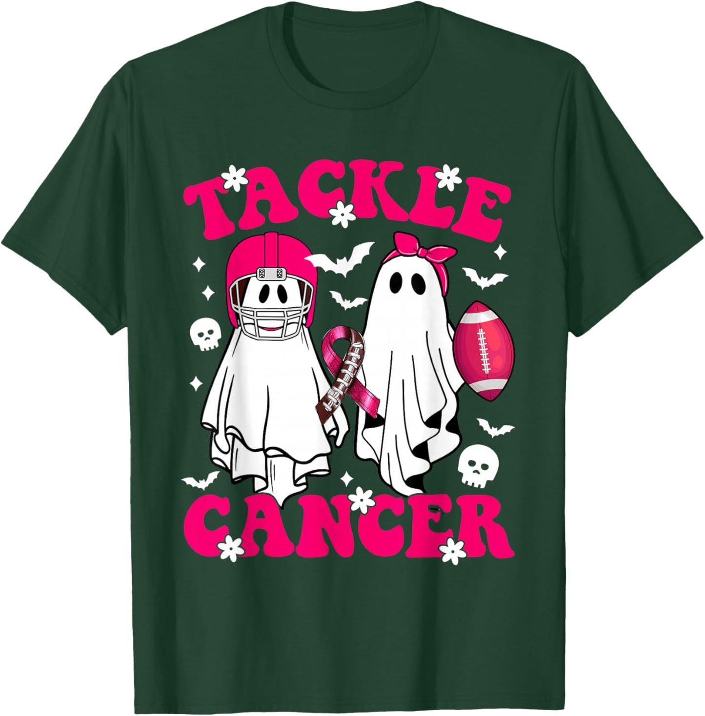 Tackle Football Ghost Pink Ribbon Breast Cancer Halloween T-Shirt - T-Shirt | Forest