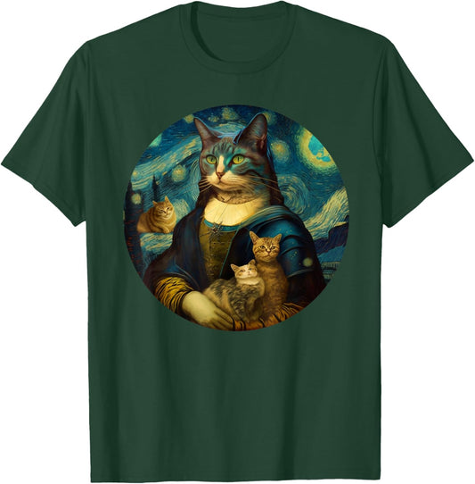 Mona Lisa With Cats Starry Night Van Gogh Funny Art Painting T-Shirt - T-Shirt | Forest