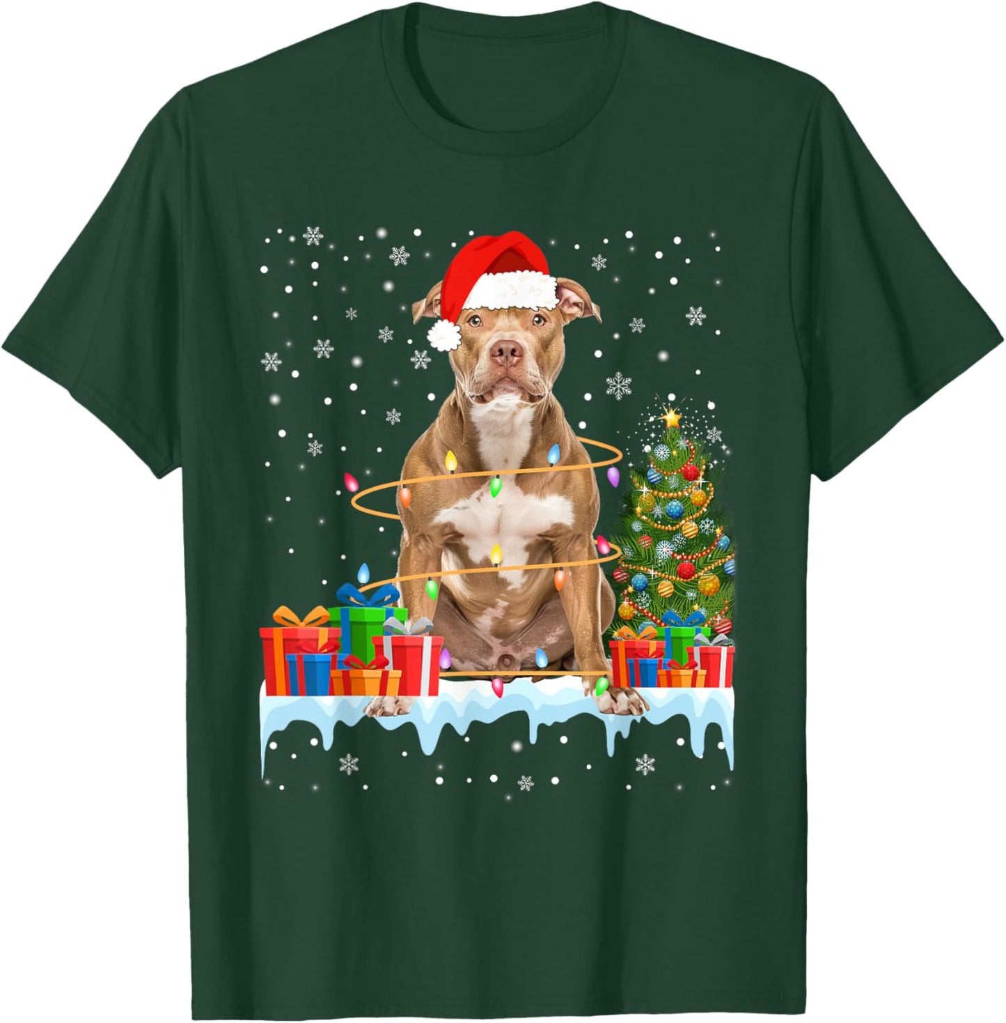 Funny Santa Pitbull Dog Christmas Lights Xmas Pajamas Men Women Kids T-Shirt - T-Shirt | Forest