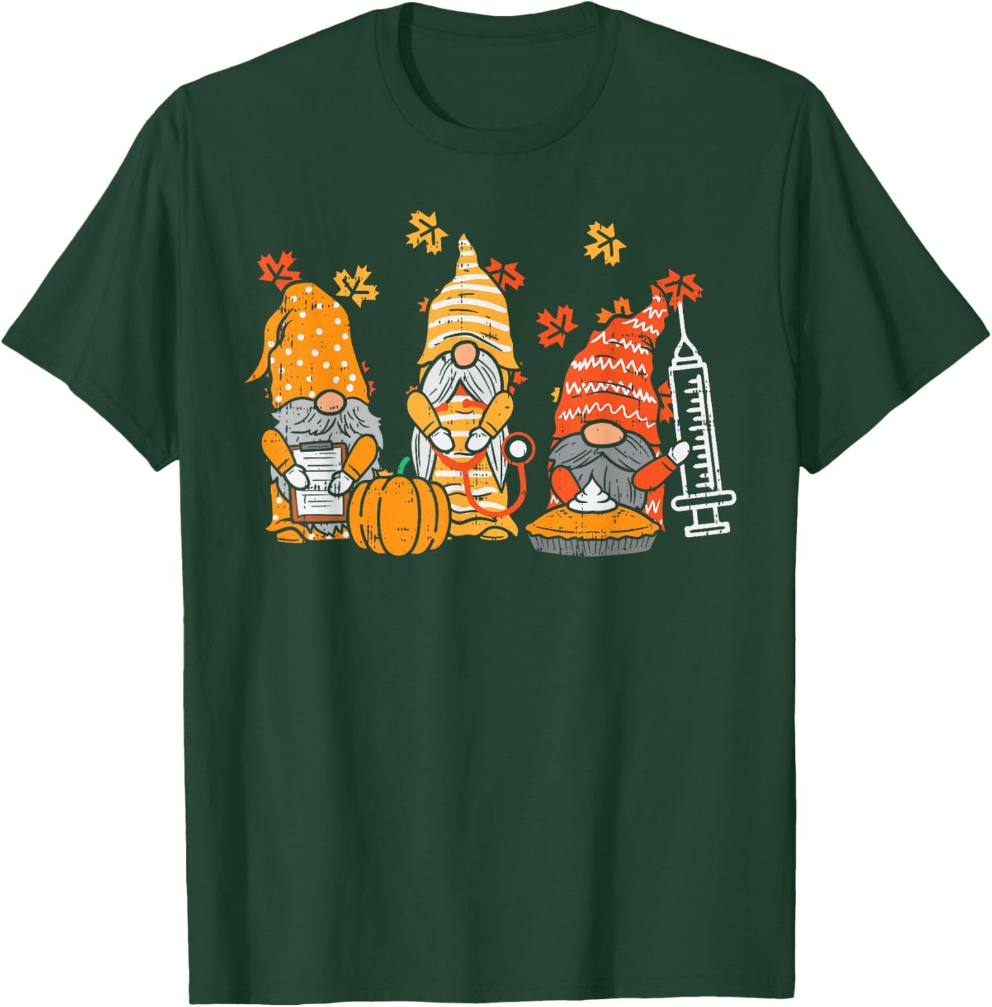 Thanksgiving Nurse Gnomes Fall Scrub Top Autumn RN Women T-Shirt - T-Shirt | Forest
