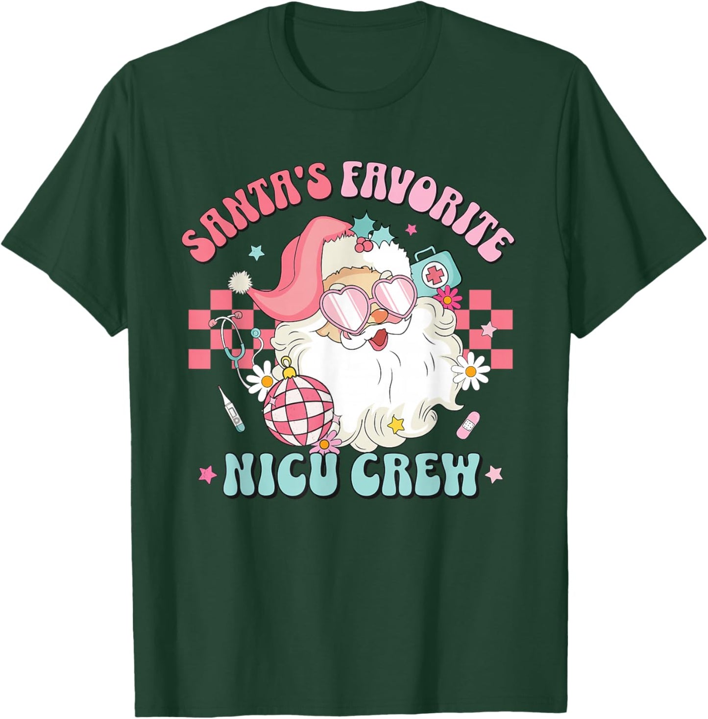 Retro Pink Christmas Neonatal Santa's Favorite NICU Nurse T-Shirt - T-Shirt | Forest