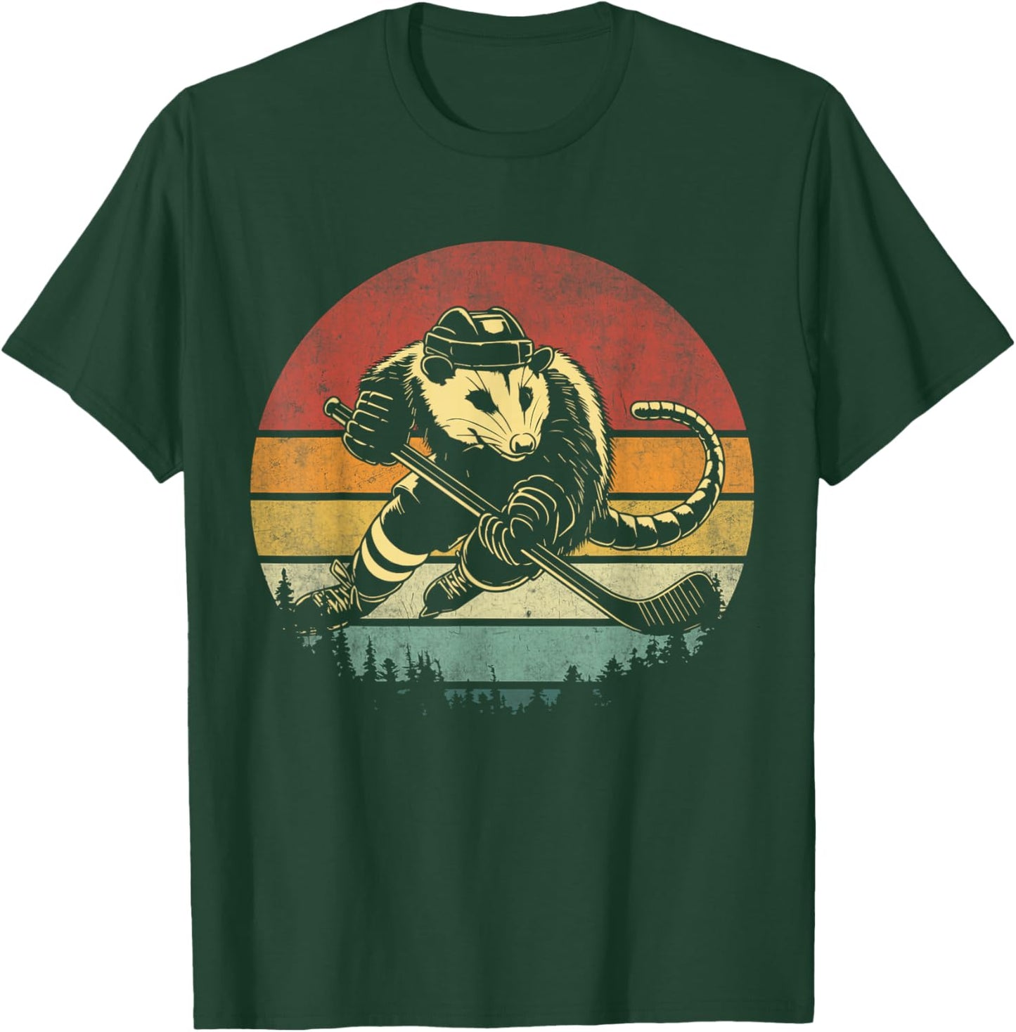 Retro Opossum Playing Hockey Vintage Opossum Hockey Player T-Shirt - T-Shirt | Forest