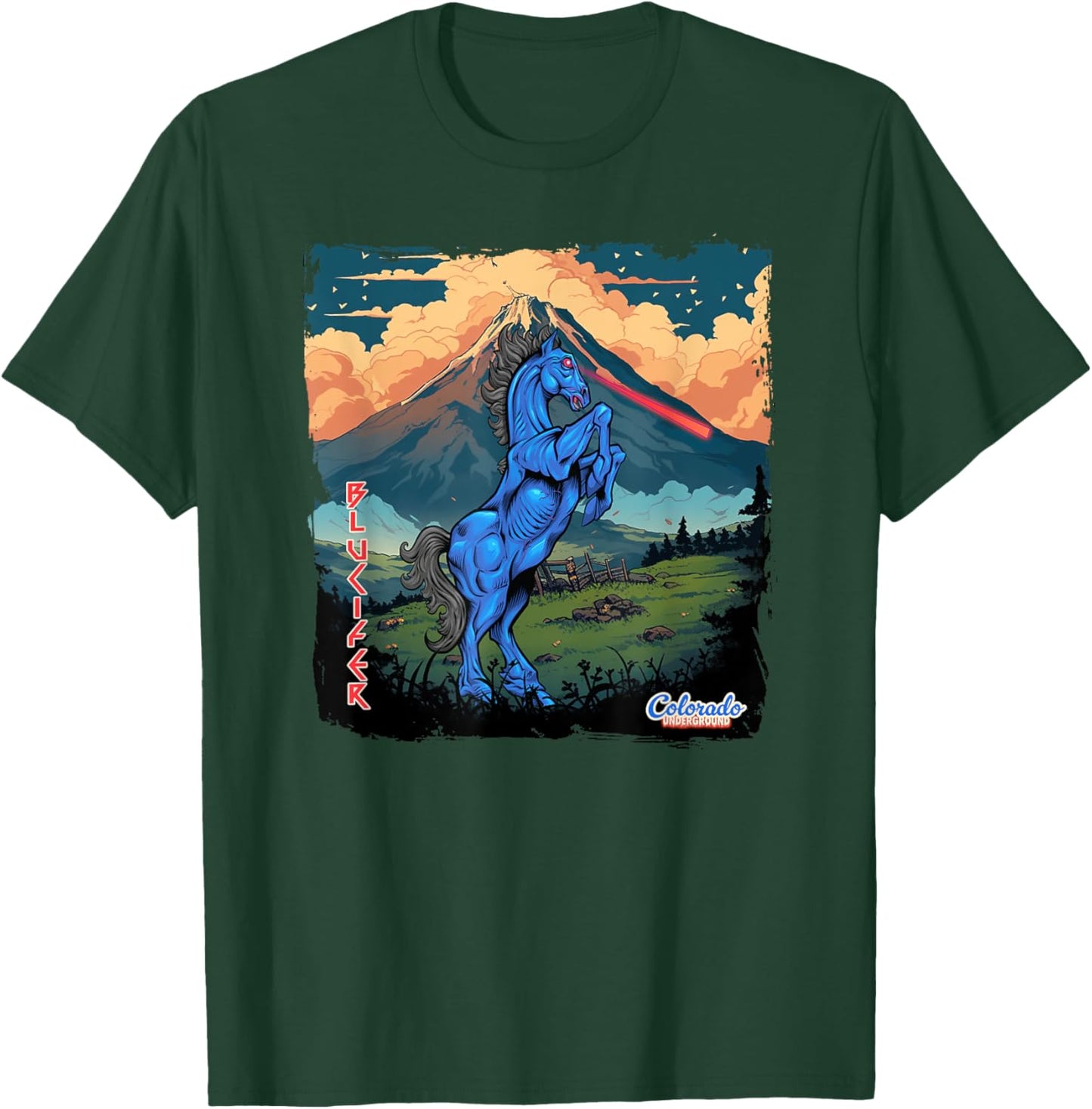 Blucifer: Laser-Eyed Demon Horse Roams Colorado Underground T-Shirt - T-Shirt | Forest