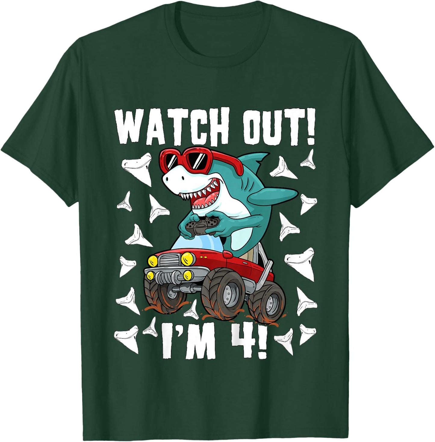 4 Years Old 4th Birthday Shark Boy Girl Monster Truck Gamer T-Shirt - T-Shirt | Forest