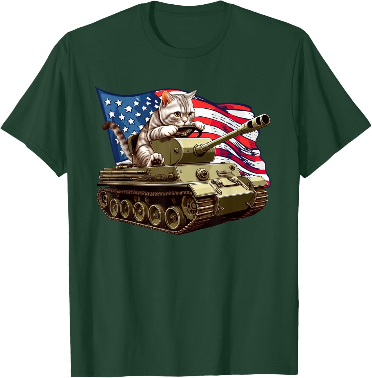 Cat Driving Army Tank American Flag Military Cat Lovers T-Shirt - T-Shirt | Forest