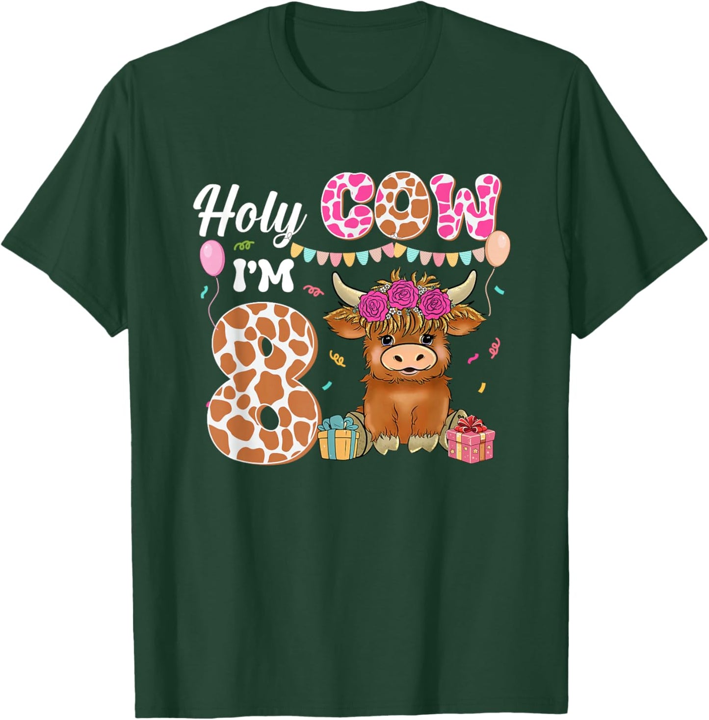 Holy Cow I'm 8 Highland Cow Farming 8th Birthday 8 Years Old T-Shirt - T-Shirt | Forest
