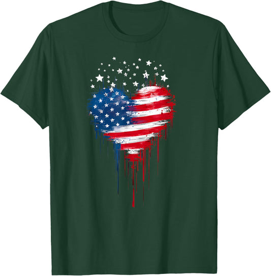 USA Flag Patriotic American Heart Armed Forces 4th of July T-Shirt - T-Shirt | Forest
