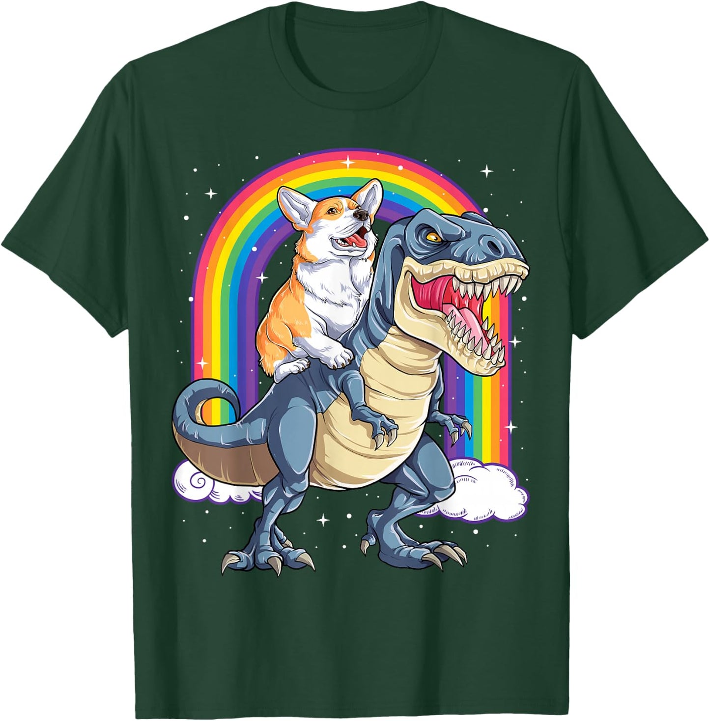 Corgi Riding Dinosaur T-rex Boys Girls Space Galaxy Rainbow T-Shirt - T-Shirt | Forest