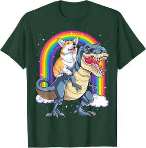 Corgi Riding Dinosaur T-rex Boys Girls Space Galaxy Rainbow T-Shirt - T-Shirt | Forest
