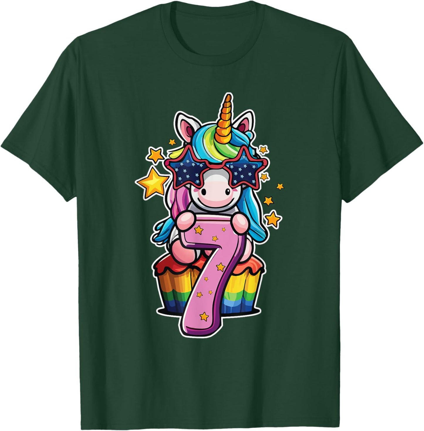 Unicorn Happy 7th Birthday Age 7 Rainbow Cupcake Cute Party T-Shirt - T-Shirt | Forest