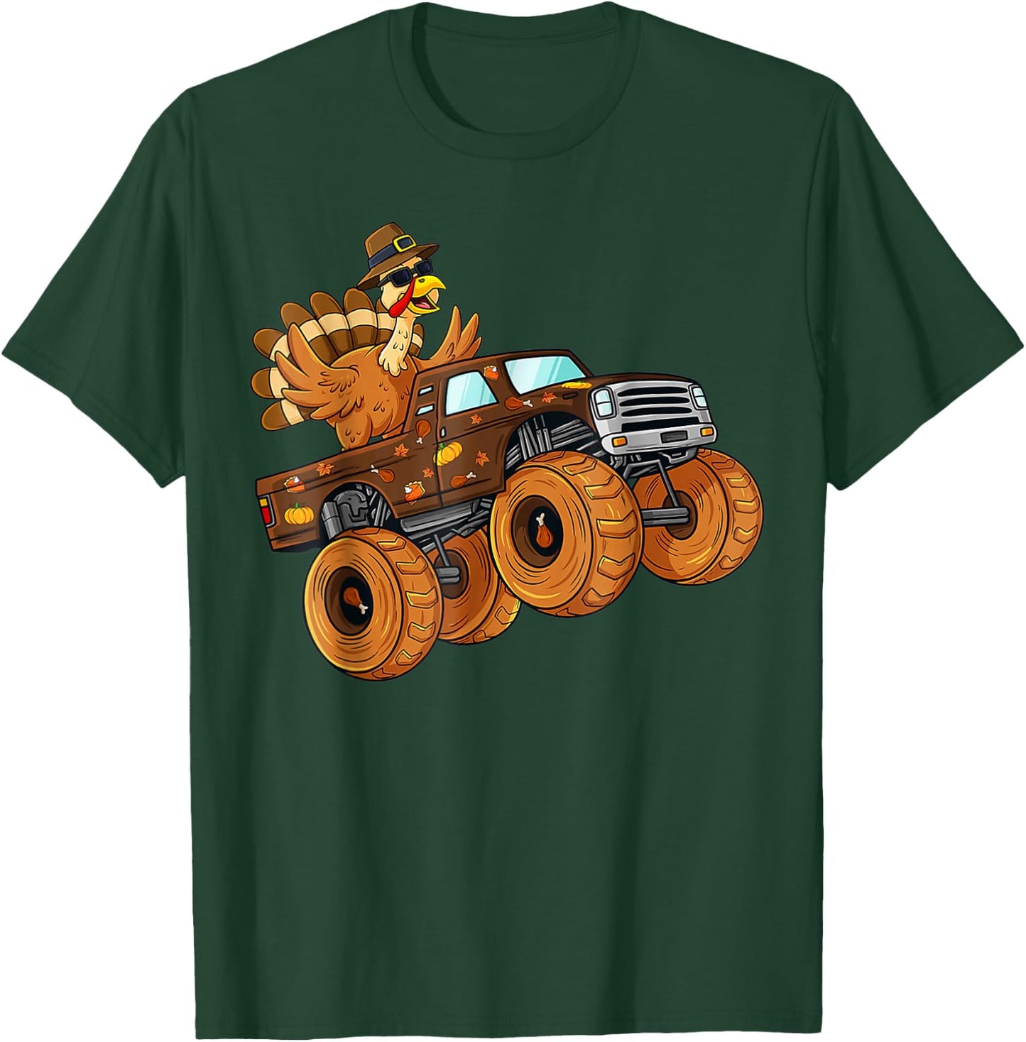 Turkey Pilgrim Riding Monster Truck Thanksgiving Boys Kids T-Shirt - T-Shirt | Forest