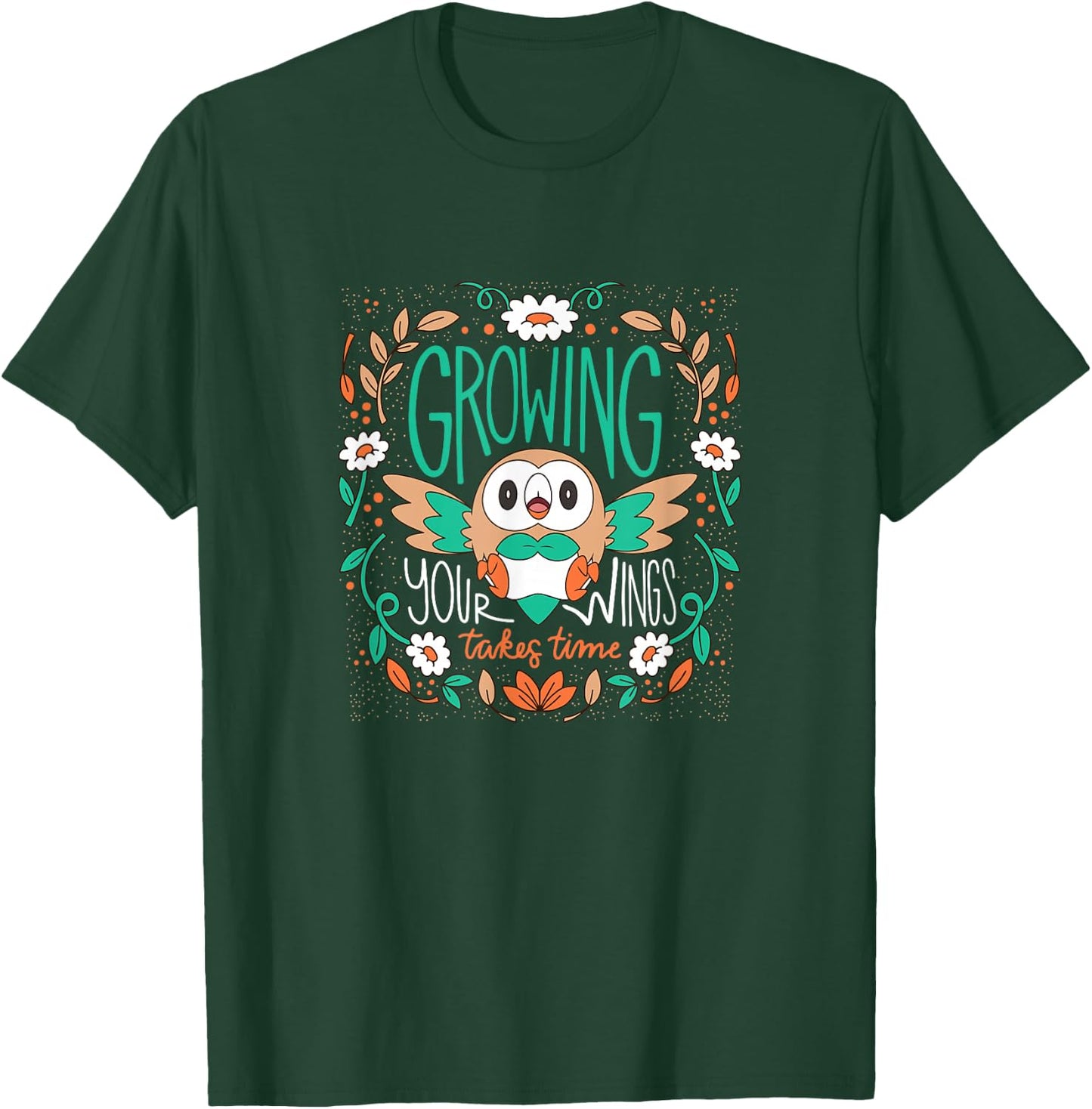Pokemon - Rowlet Growing Your Wings Takes Time -Adults , Black, Small, Short Sleeve T-Shirt - T-Shirt | Forest