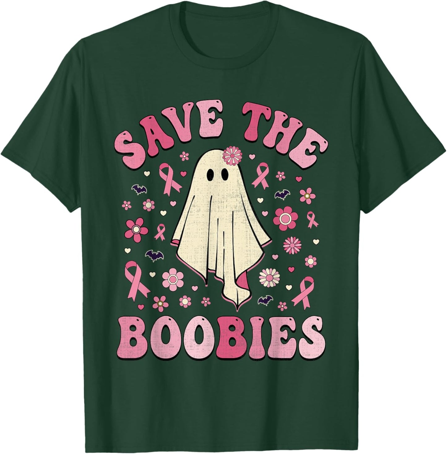 Save the Boobies Pink Halloween Ghost Breast Cancer Groovy T-Shirt - T-Shirt | Forest