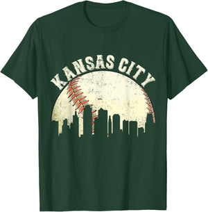 Vintage Kansas City Cityscape Baseball Lover Men Women Kids T-Shirt - T-Shirt | Forest