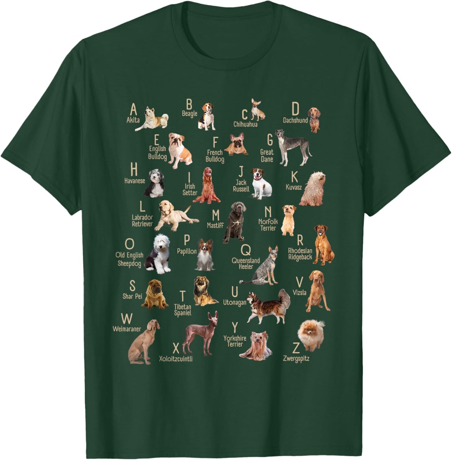 A-Z Dog Breeds Cute ABC Learning Chart Teachers Dog Rescue Men Women Kids T-Shirt - T-Shirt | Forest