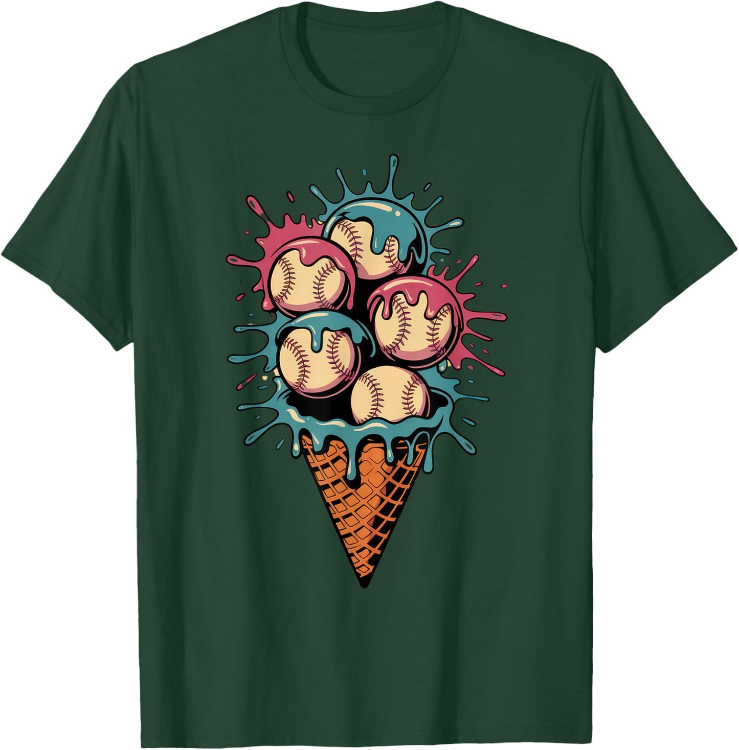 Baseball Dripping Ice Cream Drip Youth Boys Baseball T-Shirt - T-Shirt | Forest