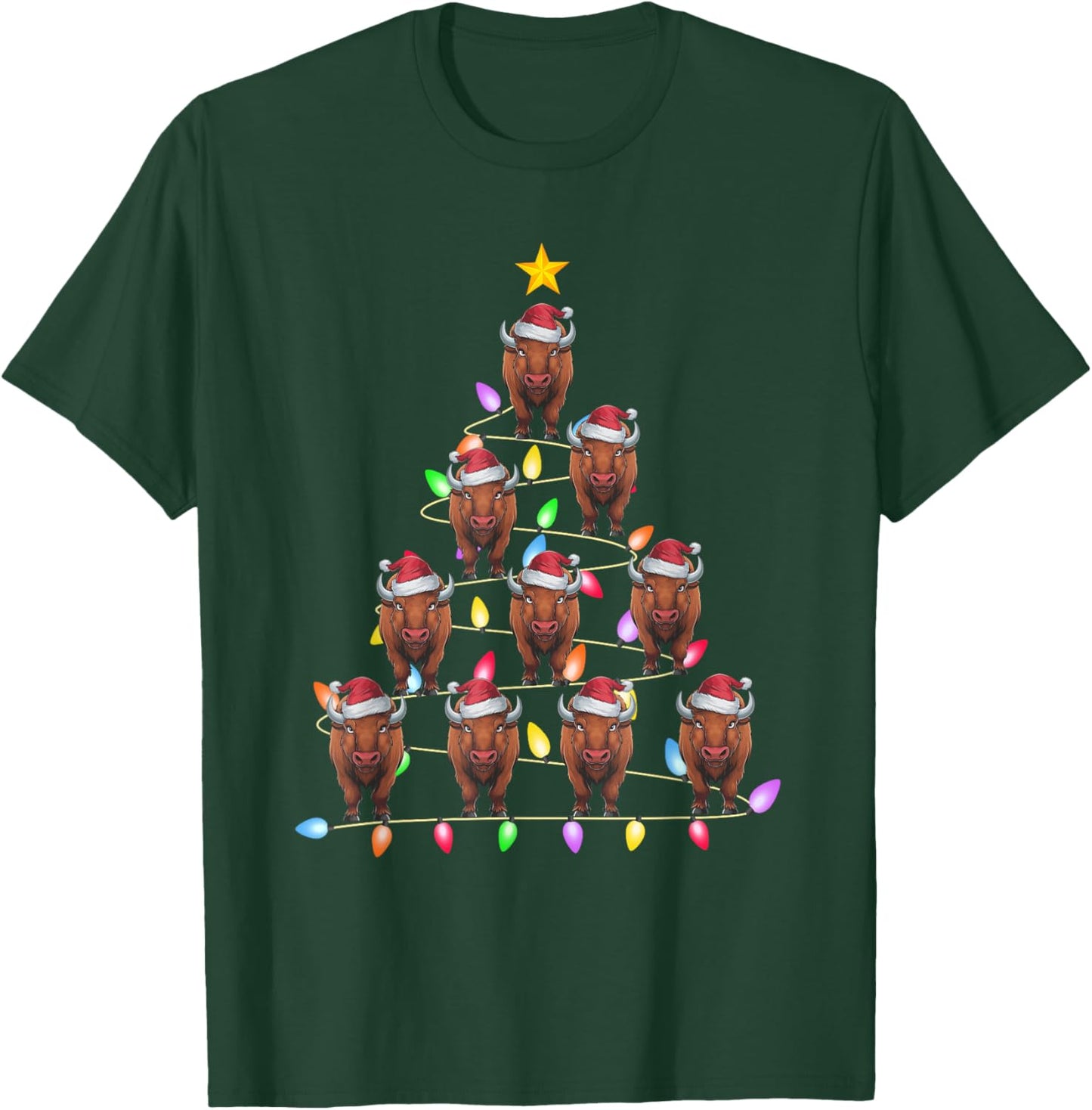 Christmas Tree Lights Men Women Santa Bison Xmas PJs T-Shirt - T-Shirt | Forest