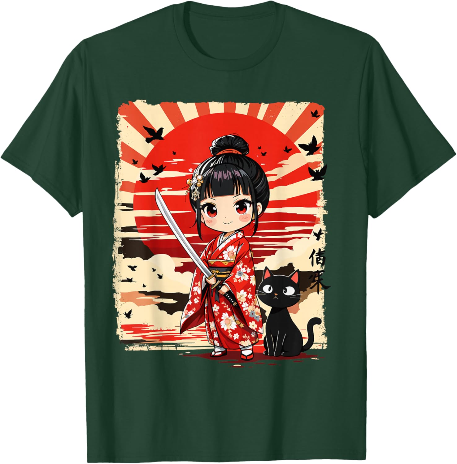 Cute Kawaii Samurai Girl and Cat Japanese Anime Kids Girls T-Shirt - T-Shirt | Forest